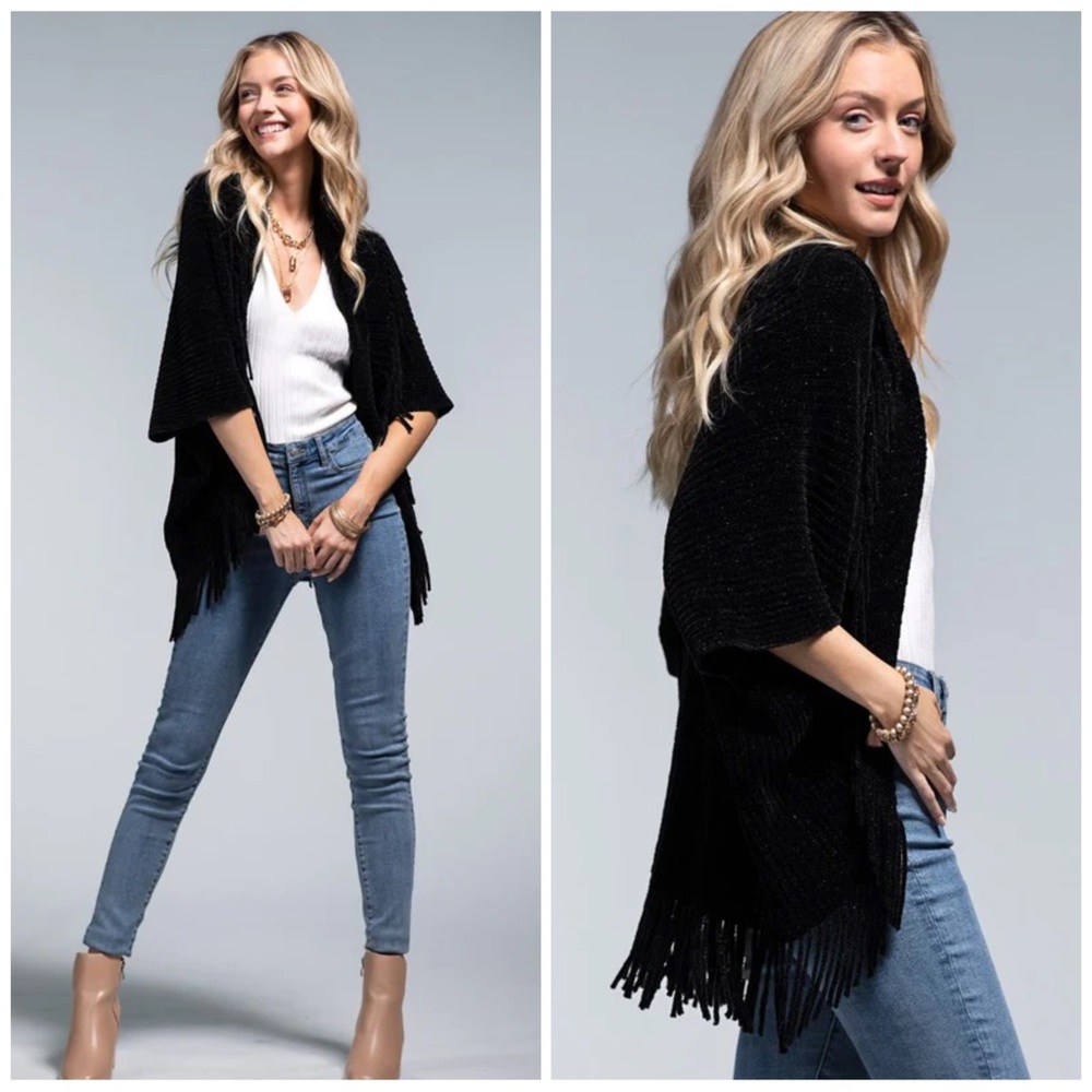 Chenille Fringe Cardigan Black Shimmer